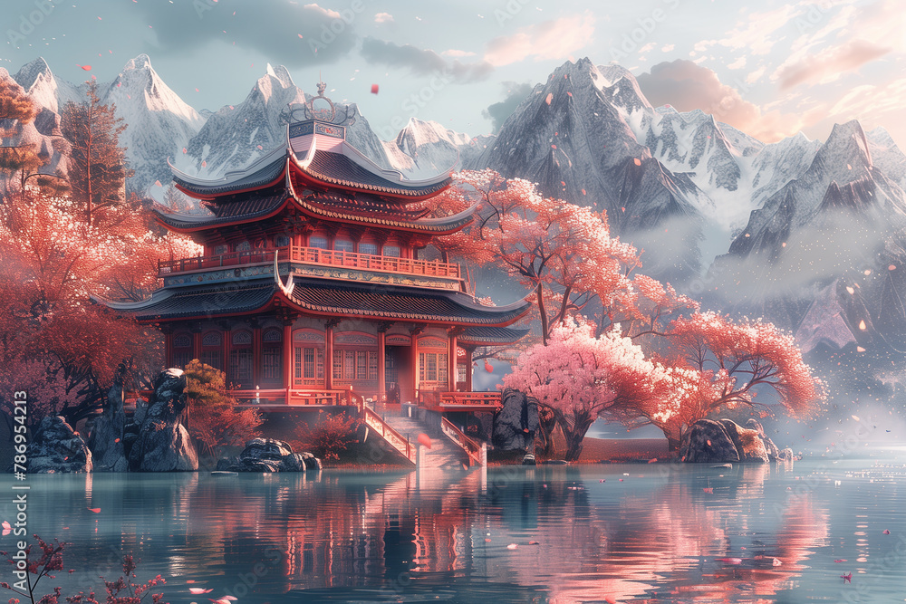 Obraz premium Chinese traditional home with sakura , illustration, 3d render
