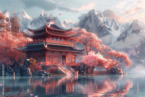 Chinese traditional home with sakura , illustration, 3d render