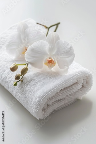 A white towel with two delicate white flowers on top. Perfect for spa or relaxation concept