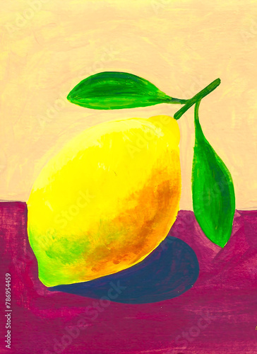 Acrylic painting of Lemon, vivid yellows and greens, purple and beige background