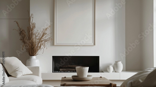 A sleek  minimalist living room showcases a white empty framed artwork against a backdrop of modernity  complemented by a wooden table adorned with a pristine white ceramic vase
