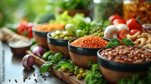 Display of fresh vegetables and legumes, including tomatoes, basil, and beans, artfully arranged in rustic ceramic bowls on a wooden table. © AS Photo Family