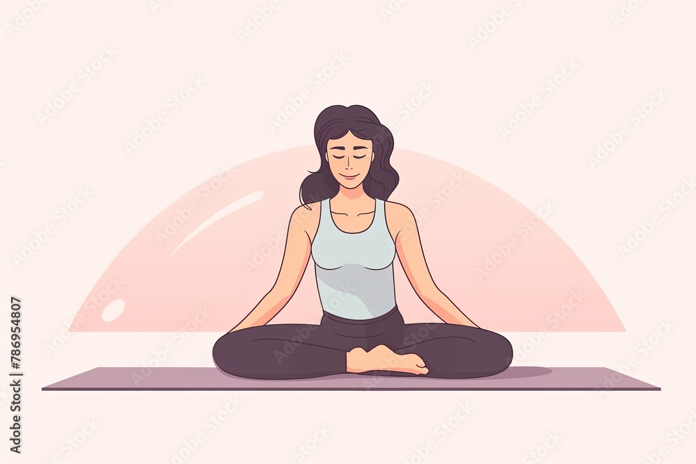 A woman in a yoga pose with eyes closed and a peaceful expression on her face is sitting on a yoga mat.