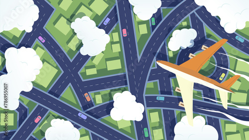 Top view of airplane flying above city. Transport interchange houses. Plane journey over megapolis with moving cars. Vector illustration