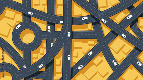 Traffic intersection from top view with cars. Concept vehicle with road and crossroad. Generic city map with signs of streets, roads. Abstract navigation plan of small urban area. Vector illustration