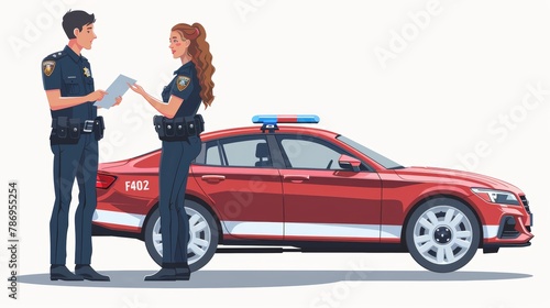 Two police officers, a male and a female, issue a traffic ticket to a civilian beside cop red sedan. The scene depicts law enforcement in action. photo