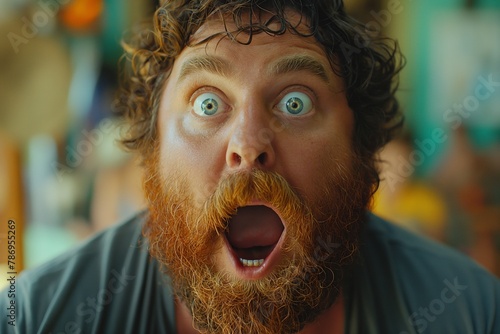 Man with curly hair and beard looking surprised with wide eyes at home