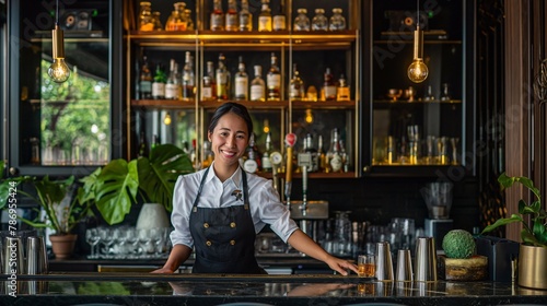 Smiling asian female bartender in a hotel uniform at the bar counter against the background of a chic set of alcoholic drinks in the resort bar area