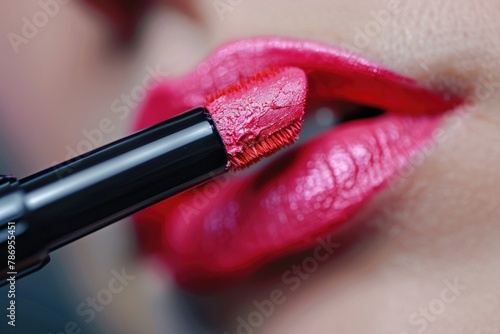 Close up of a person applying lipstick  suitable for beauty and makeup concepts