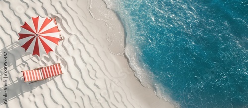 top view of the banner where the sandy beach stretches out, looking like a quiet paradise for a tired tourist who wants to get a charge and new strength. the sun casts a shadow on the sun lounger