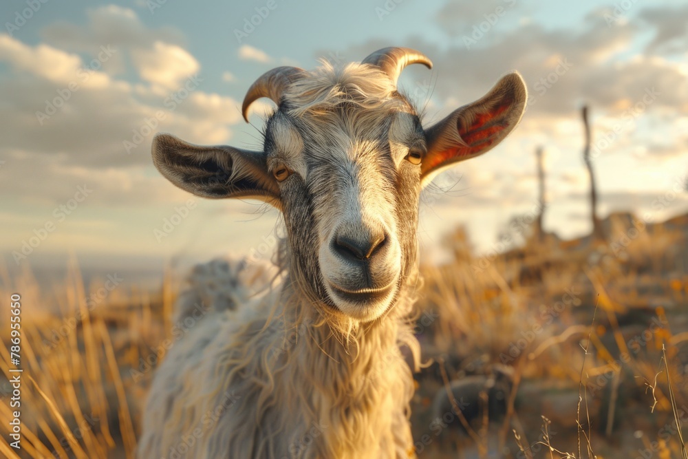 Obraz premium A goat with horns standing in a field. Suitable for farm or nature concepts