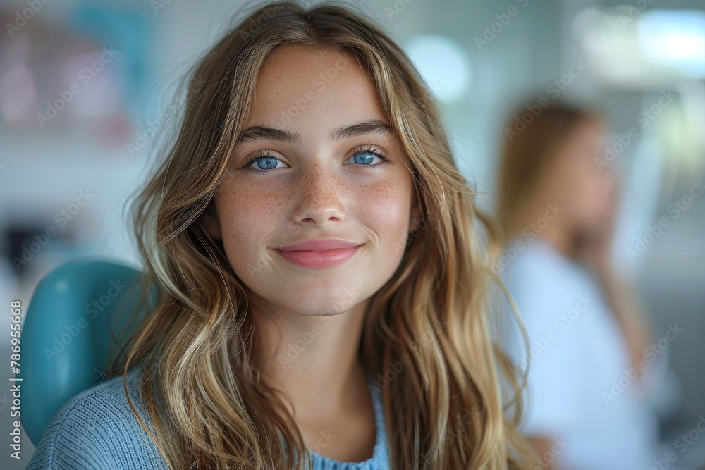 Happy young girl sitting in a blue dental chair at the orthodontist with a female doctor smiling and looking on, against a beautiful white clinic background.