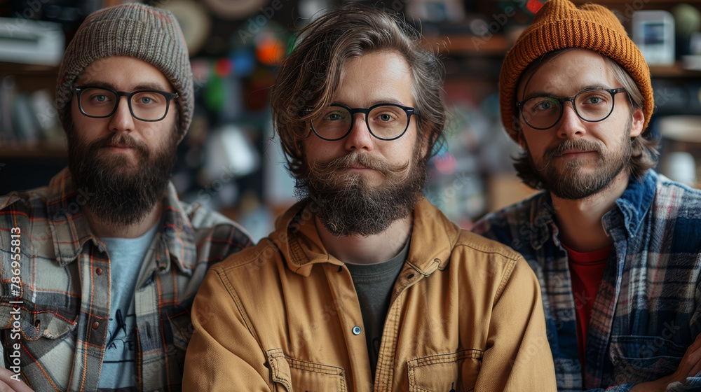 Portrait of three bearded men dressed in hipster fashion, wearing glasses and beanies, posing closely with a confident look in a cozy indoor setting. Portrait of three bearded men dressed in hipster fashion, wearing glasses and beanies, posing closely with a confident look in a cozy indoor setting.