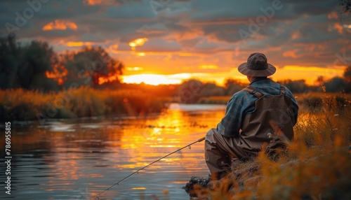 Fisherman at sunset near the water with a fishing rod