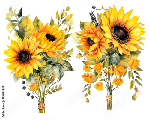 A set of watercolor flowers with yellow and blue accents.