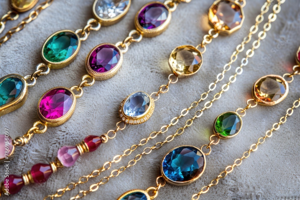 A collection of colorful necklaces on a table, perfect for jewelry store promotions A collection of colorful necklaces on a table, perfect for jewelry store promotions