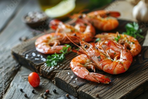 Fresh shrimp arranged on a rustic cutting board, perfect for seafood lovers or culinary concepts