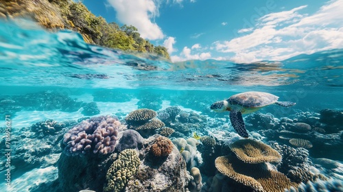 amazing view between the water surface and the sky. underwater ocean world with corals and turtle. location for snorkeling and diving © Daria Lukoiko