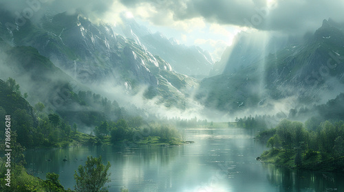 Sunbeams filtering through the misty morning fog in a tranquil valley