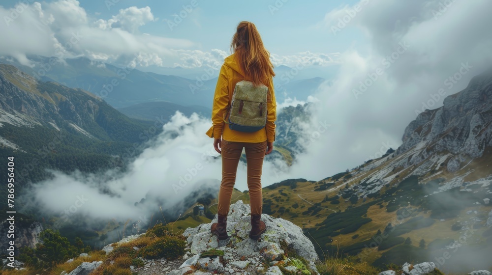 Naklejka premium Young female hiker in a yellow jacket stands on a rocky peak, overlooking vast mountain landscapes and clouds below. This image captures a sense of adventure and tranquility.