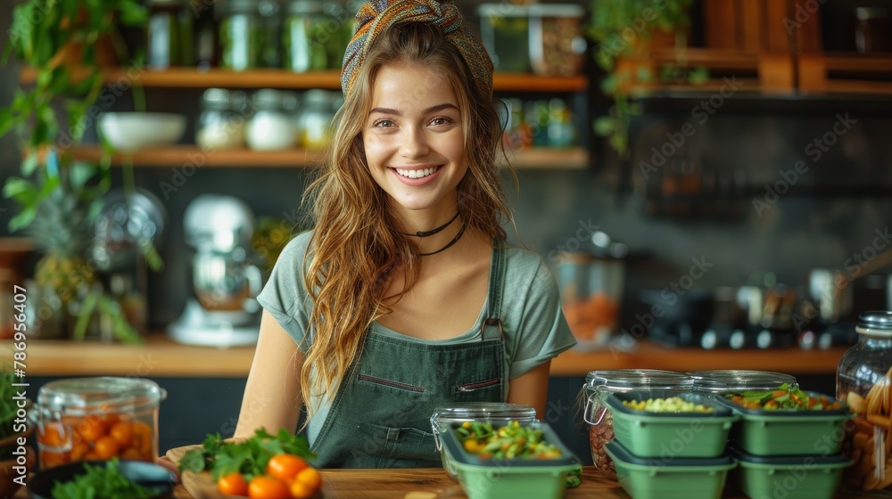 Cheerful young woman in a kitchen prepares various healthy dishes into green meal prep containers. The setting features a rustic, well-equipped kitchen.