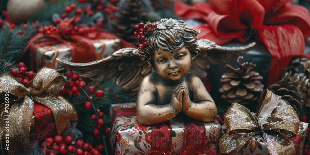 Fototapeta premium Angel statue sitting on top of a gift box, perfect for holiday concepts