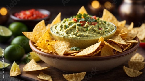 Close-up high-resolution image of a delicate guacamole with crispy tortilla chips.