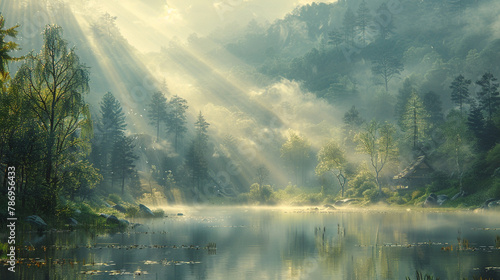 Sunbeams filtering through the misty morning fog in a tranquil valley