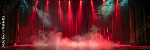 Theater stage light background with spotlight illuminated the stage for opera performance. Empty stage with red curtain, fog, smoke, backdrop decoration. Entertainment show.