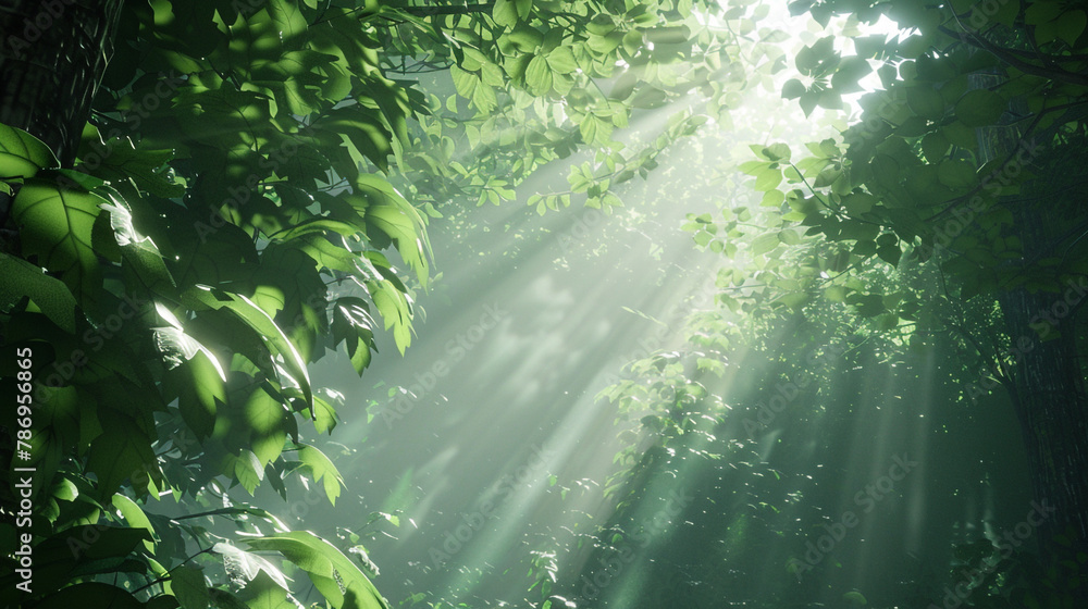 Sunbeams filtering through lush green foliage in a serene forest setting