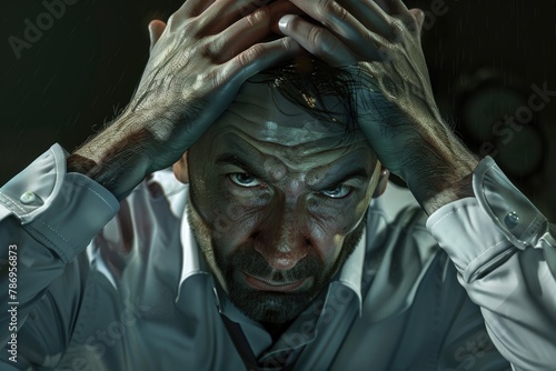 A man looking stressed with his hands on his head. Suitable for illustrating stress and frustration