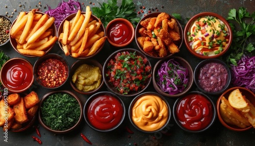 Variety of sauces and fries on the table, perfect for finger food enthusiasts