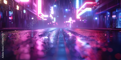 Stunning 3d rendering of a cyberpunk metropolis at night, featuring a desolate street adorned with glowing neon signs and a gritty urban backdrop. © ckybe