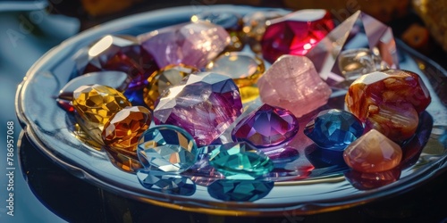 A bowl filled with various colored gems. Ideal for jewelry or gemstone related projects