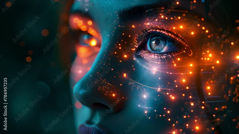 Face detection technology. Scanning facial recognition. Smart Phone Technology Using Facial Recognition Biometrics Iris. Person Use Face Id on Device. Young Beautiful Woman and Hi-tech 3d Detection 4k