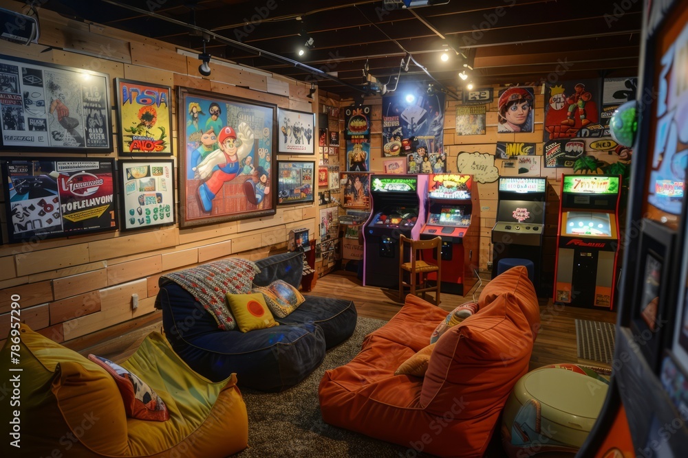 A cozy arcade corner with retro consoles, bean bag chairs, and posters of beloved video game characters, Generative AI A cozy arcade corner with retro consoles, bean bag chairs, and posters of beloved video game characters, Generative AI