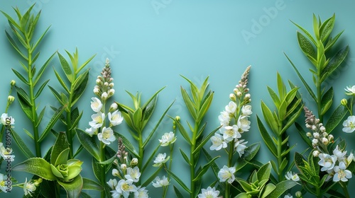 A gentle composition of light green aloe leaves and small white blooms, arranged on a pale mint background, providing a soothing tropical feel with expansive negative space