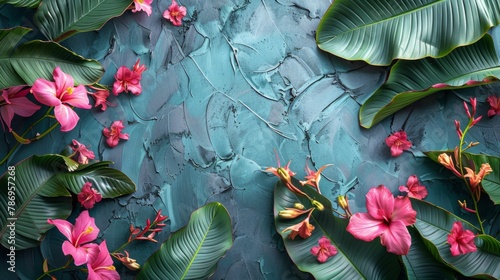 A pattern of small green banana leaves interspersed with vibrant pink tropical flowers on a soft grey surface, providing a lively yet minimalistic tropical background with large negative space