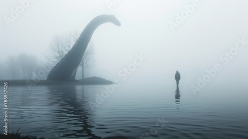 A serene yet eerie image capturing the infamous Loch Ness Monster sculpture and a solitary figure amidst the dense fog and reflective water photo