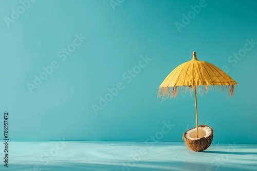 Tropical beach concept made of coconut fruit and sun umbrella. Creative minimal summer idea.