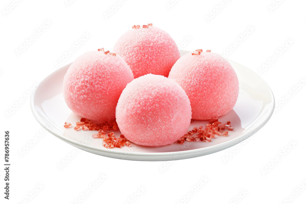 Three Shimmering Pink Bath Bombs Arranged on a White Plate Three Shimmering Pink Bath Bombs Arranged on a White Plate