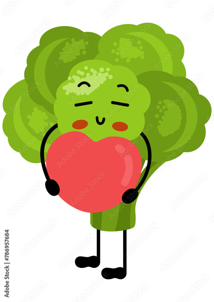Funny broccoli mascot holding a heart Funny broccoli mascot holding a heart