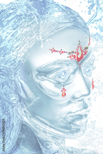 Cropped close-up shot of a splash of water in a form of a woman's face with colored shimmering crystals. Jewel stickers on a woman's face are on a white background. Side view.