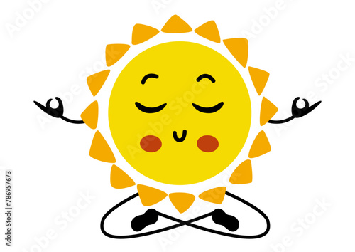 Funny sun mascot doing yoga meditation