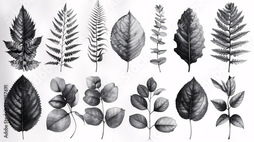 Lush foliage design elements in a vintage botanical illustration, featuring fern, eucalyptus, and boxwood. Isolated on a black and white background.