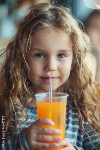 A little girl holding a glass of orange juice. Ideal for food and beverage concepts