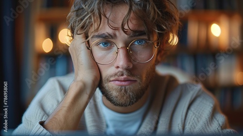 Exhausted young man experiencing eye strain, holding spectacles and rubbing dry, irritated eyes from computer work, stressed and suffering  photo