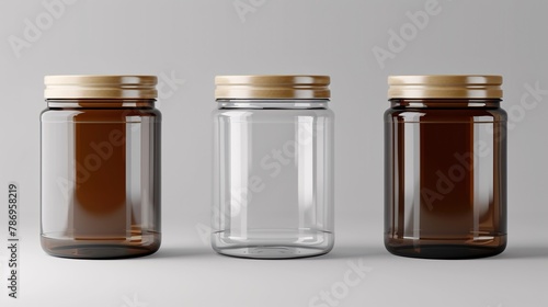Highly realistic large transparent glass and plastic containers. Mock-up for branding of product packaging.