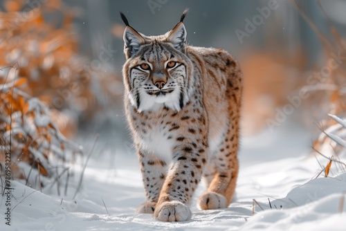 A Carnivore Felidae Lynx with Whiskers walking in Snowcovered woods in Winter