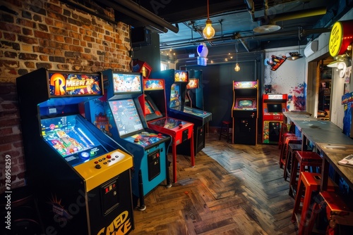 A retro arcade hall filled with the sights and sounds of classic games, from Pac-Man to Space Invaders, Generative AI
